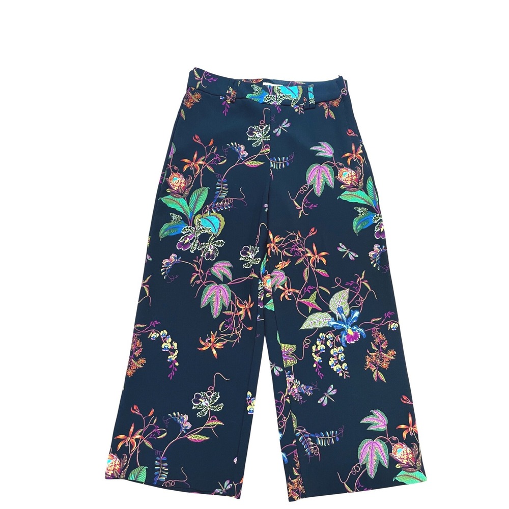 H&M Wide Leg Pants Women 10 Black Polyester Floral Boho Tropical High Rise Crop